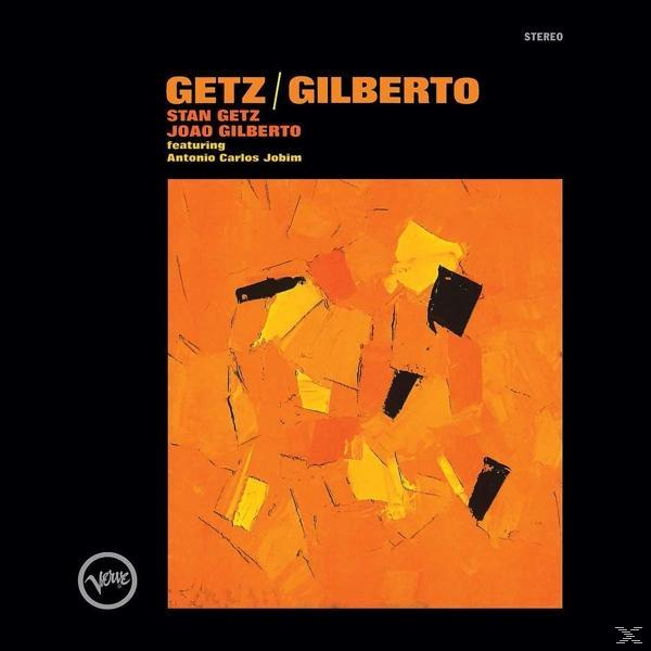 Albumcover mit einem abstrakten Kunstwerk in Orange und Schwarz. Der Titel 'Getz/Gilberto' ist sichtbar.
