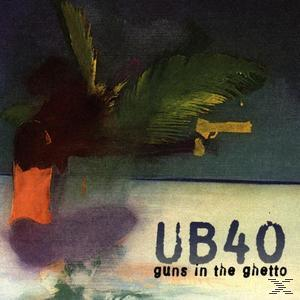 Album borító művészet. Egy zöld pálmafa és egy sárga pisztoly kék háttéren, "UB40 guns in the ghetto" felirattal.