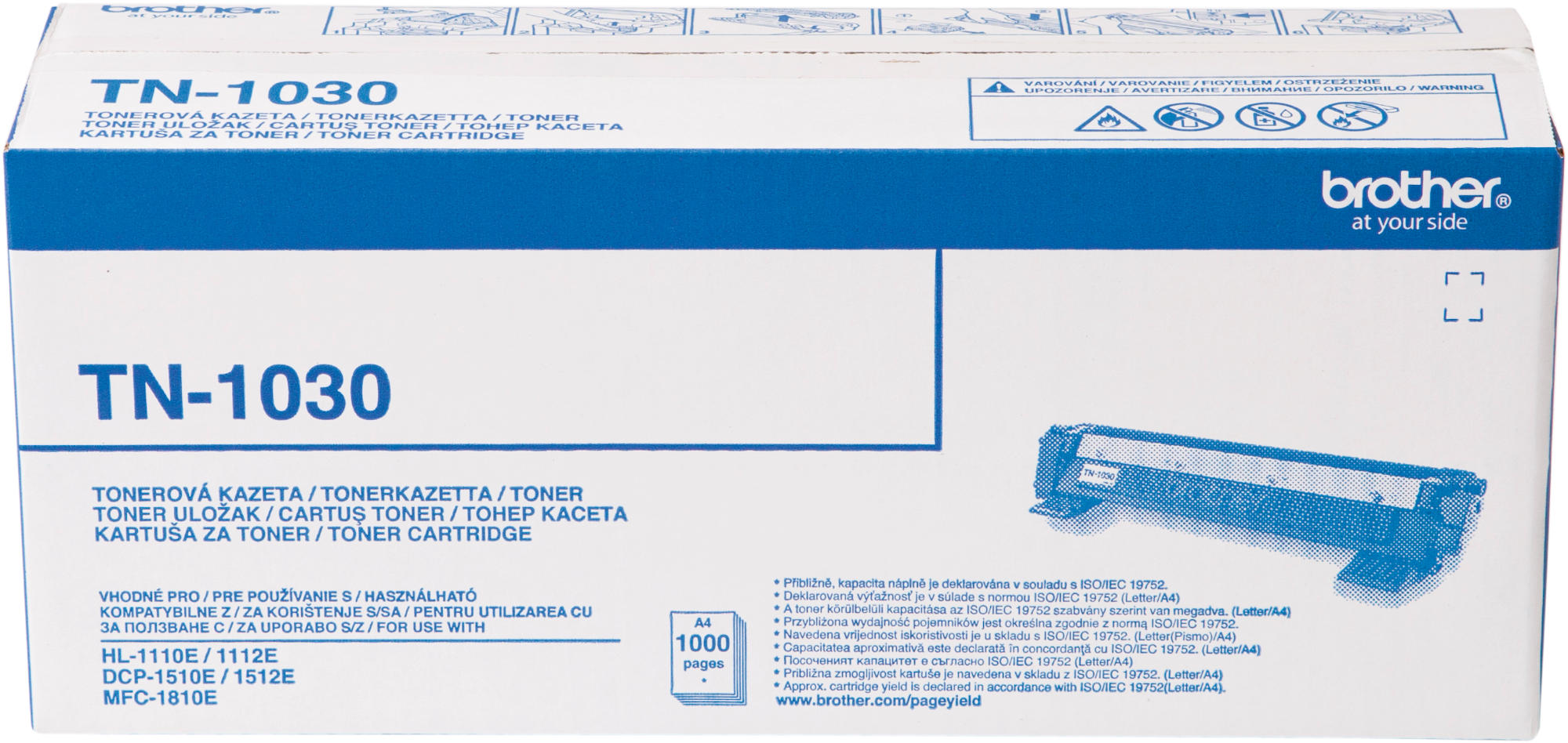 Pudełko z tonerem Brother TN-1030 z widocznym wkładem i szczegółami tekstowymi.