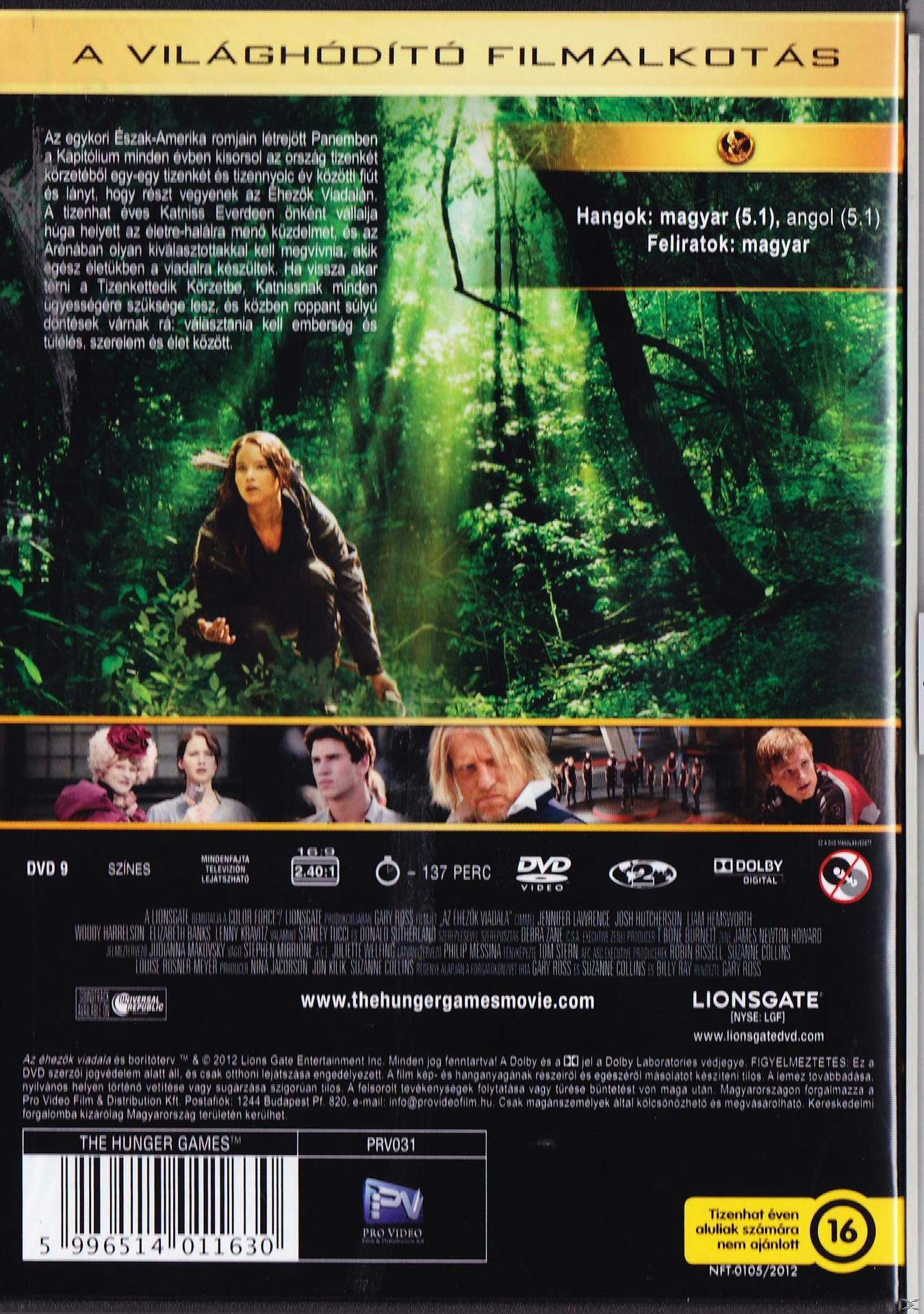 A The Hunger Games DVD borítója. Jennifer Lawrence képe egy erdőben, más színészekkel.