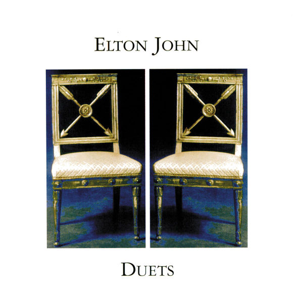 Albumcover mit zwei Stühlen. Goldrahmen und weiße Sitzkissen. Elton John, Duets.