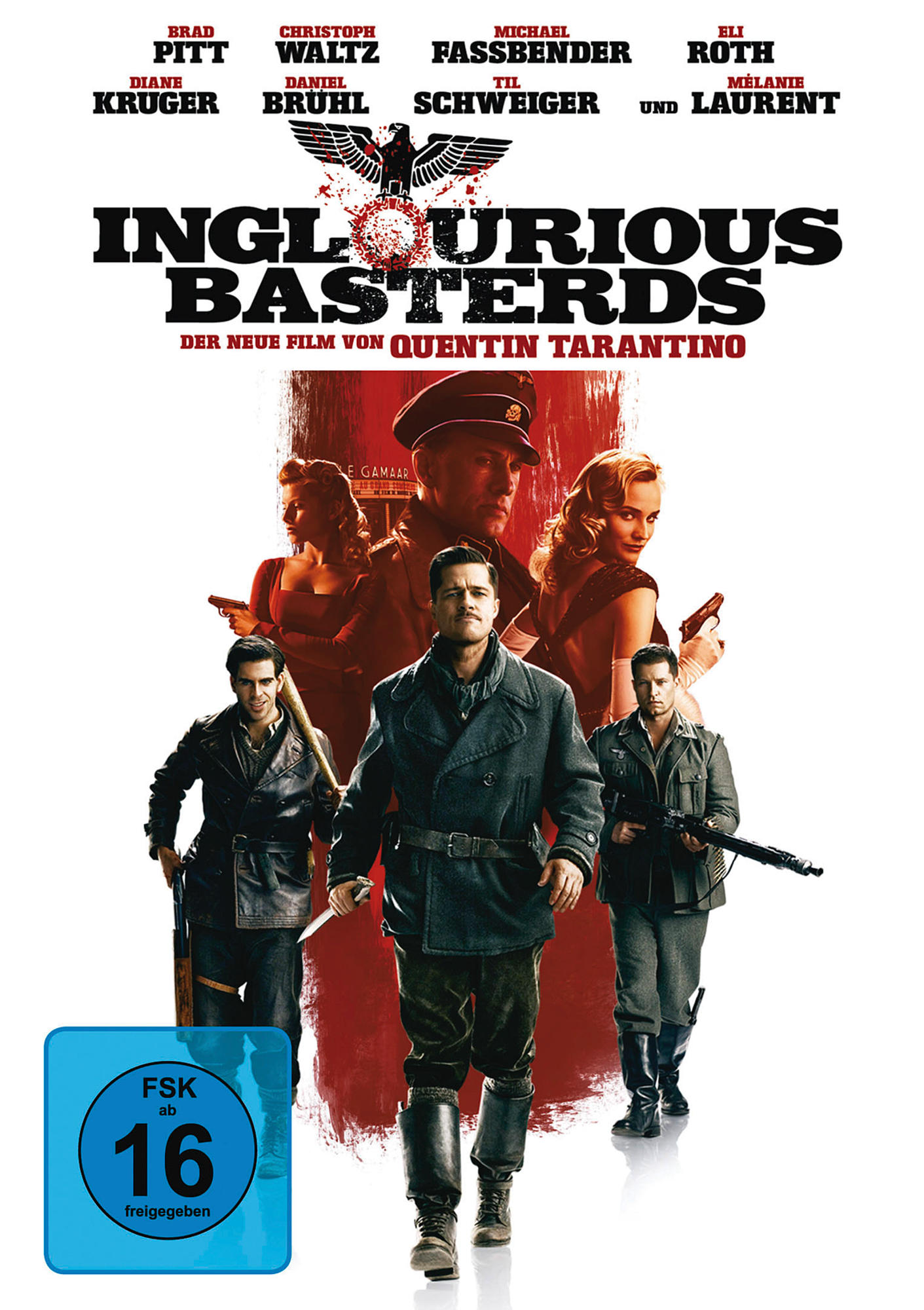 Inglourious Basterds DVD-Cover. Brad Pitt, Christoph Waltz und weitere Schauspieler sind zu sehen.