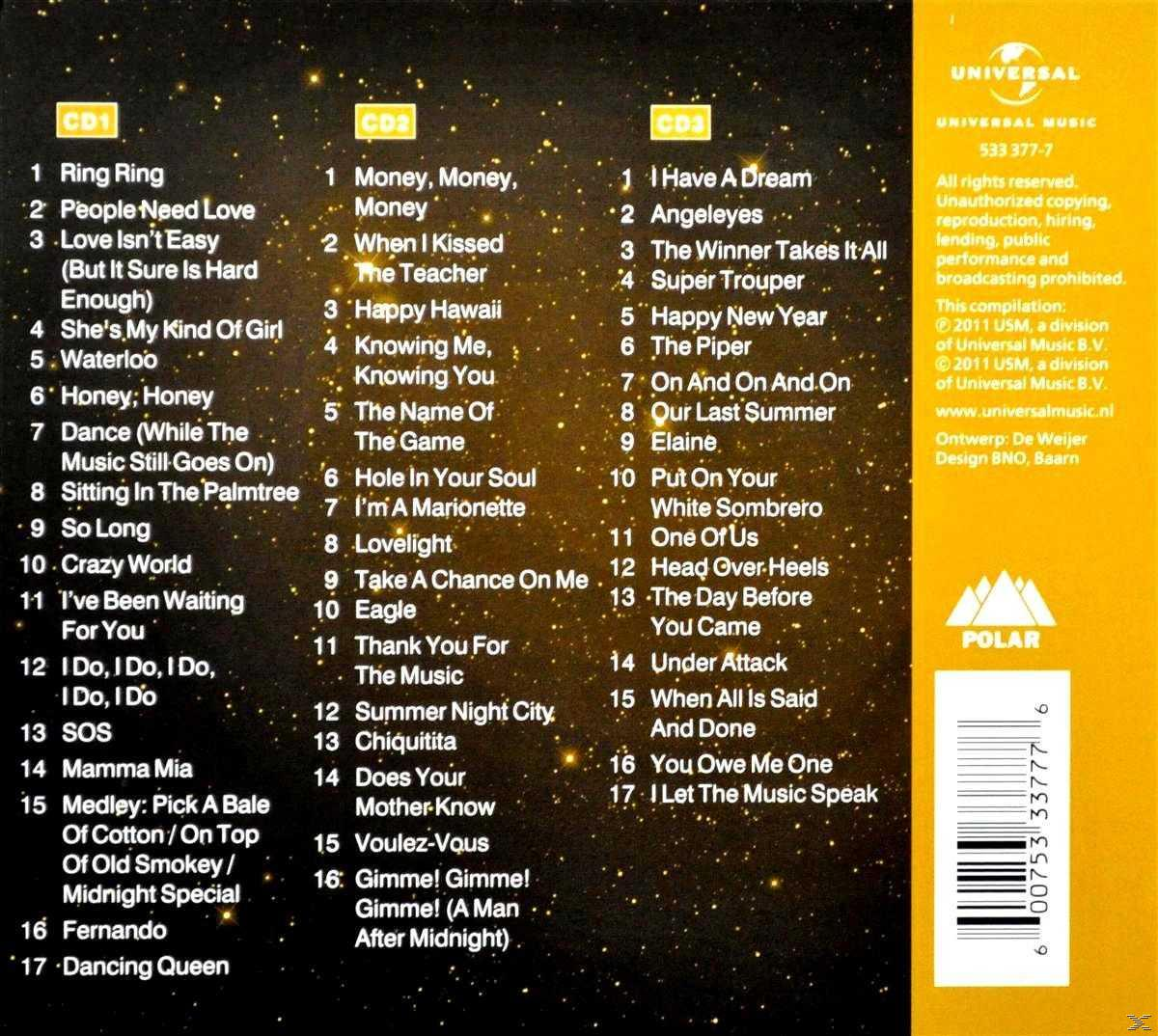 CD mit Text, der Songs auflistet. Es hat drei Spalten Text vor einem goldenen Hintergrund.