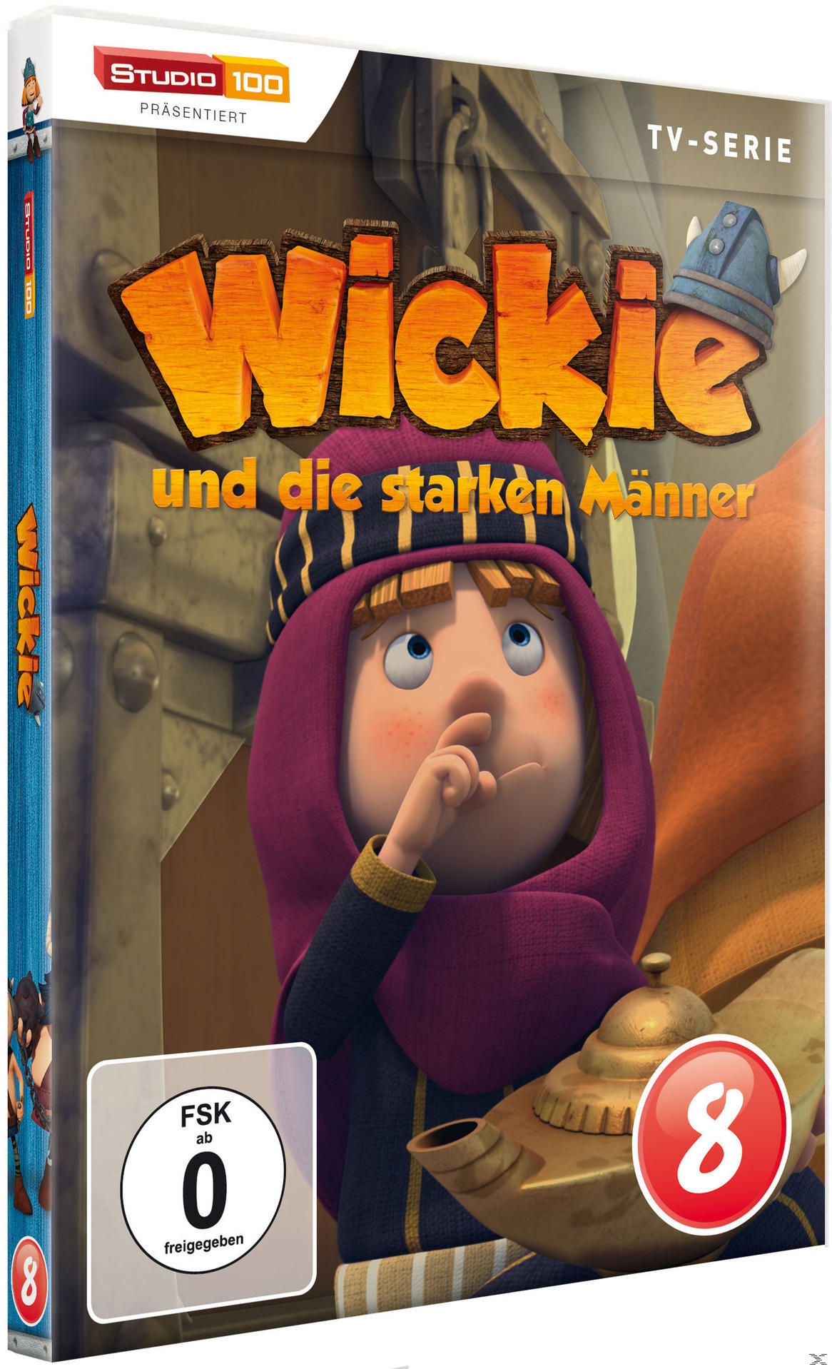 DVD-Cover von Wickie und die starken Männer. Eine Zeichentrickfigur mit Wikingerhelm, mit rotem Kreis 8.