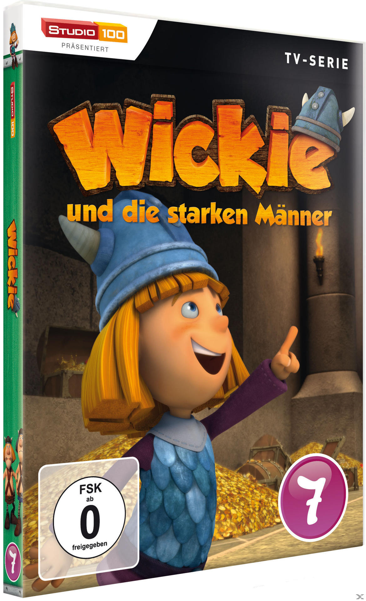 DVD-Cover: Wickie und die starken Männer. Eine Zeichentrickfigur zeigt.