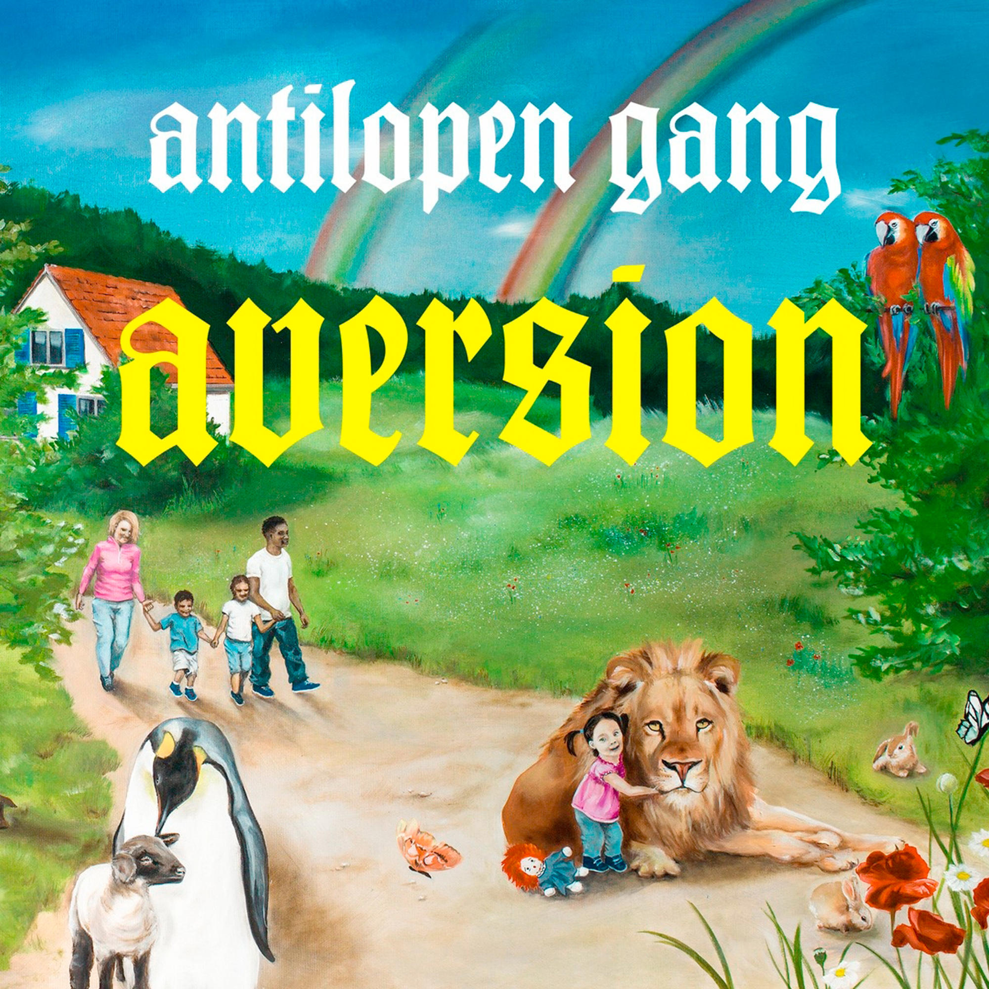 Kunstwerk einer bunten Szene mit einem Löwen, Menschen, Tieren und einem Regenbogen mit dem Text 'antilopen gang aversion'.