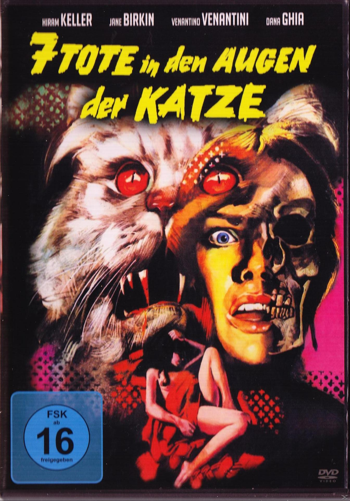 Filmcover: 7 Totes in den Augen der Katze. Katze und Frau mit Schädel. Text.