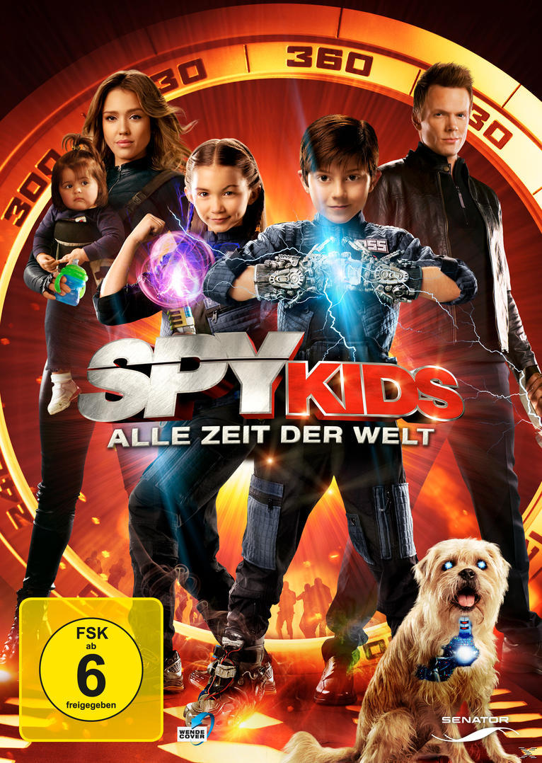 Filmplakat: Eine Gruppe von Leuten mit einem Hund und dem Titel "Spy Kids: Alle Zeit der Welt".