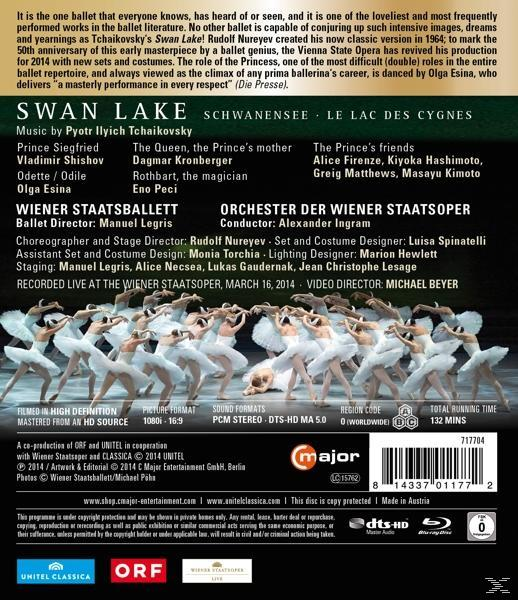 Ein DVD-Cover für Schwanensee mit Tänzern, Text und Orchesterinformationen.