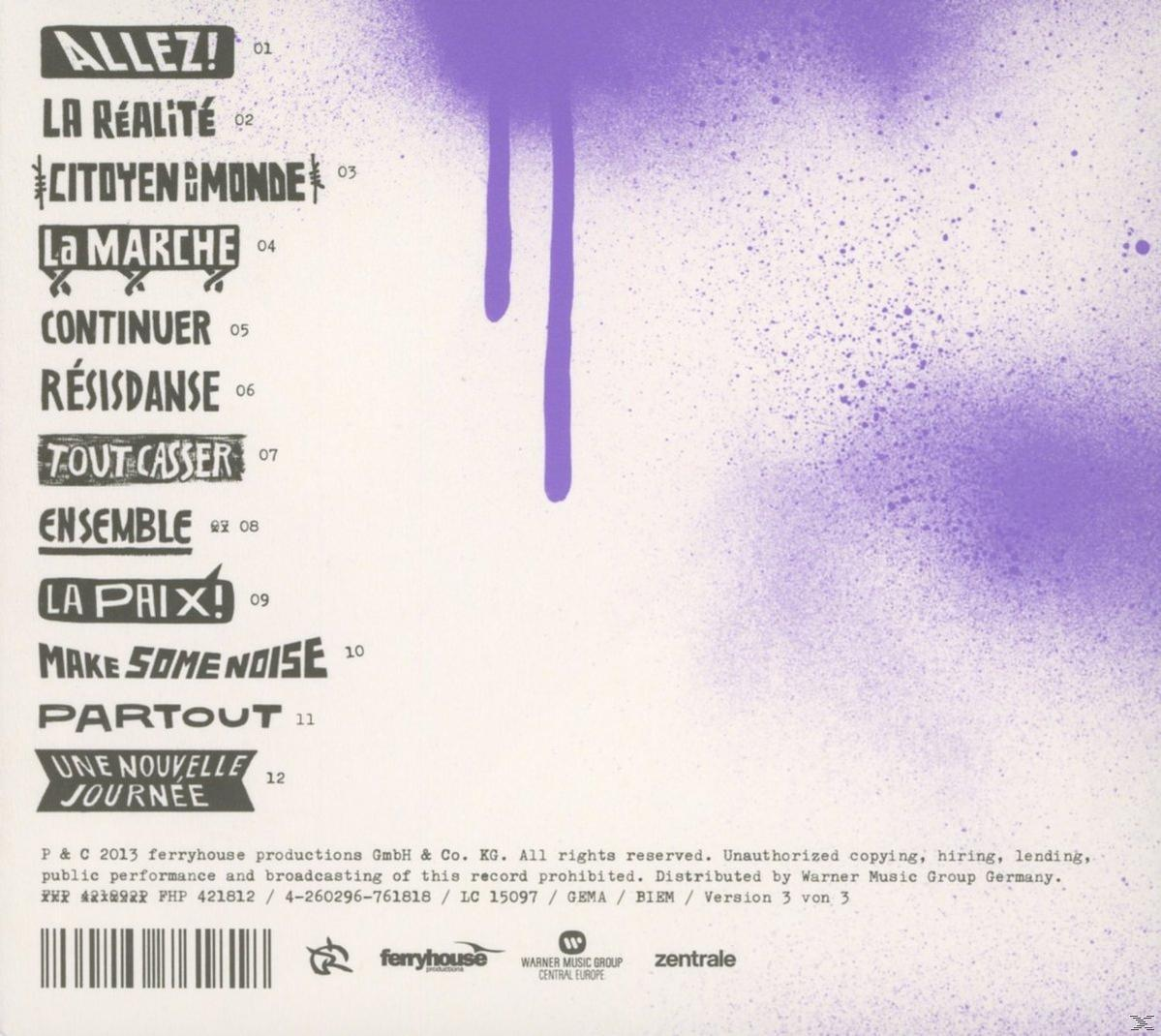 Albumcover mit lilafarbenen Farbtropfen. Weißer Hintergrund mit Text.