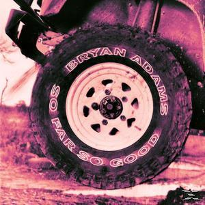 Albumcover, ein Autoreifen mit dem Text 'Bryan Adams' und 'So Far So Good'.