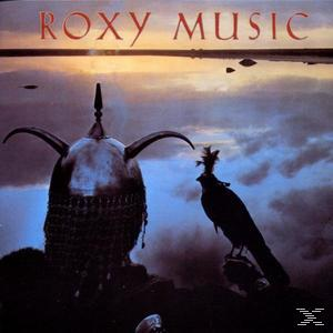Albumcover: Roxy Music. Ein gepanzerter Kopf und eine Krähe, Sonnenuntergangshintergrund.