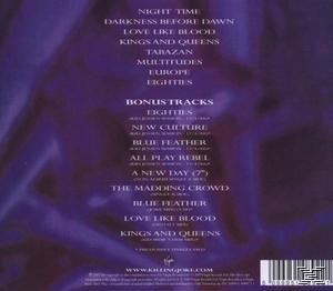 Albumcover, ein violetter Hintergrund mit einer Liste von Titeln in weißem Text.