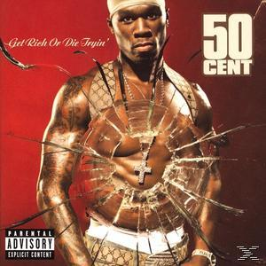 50 Cent album borító. Férfi kereszt nyaklánccal egy törött üveg előtt. Szöveg: Get Rich Or Die Tryin'.
