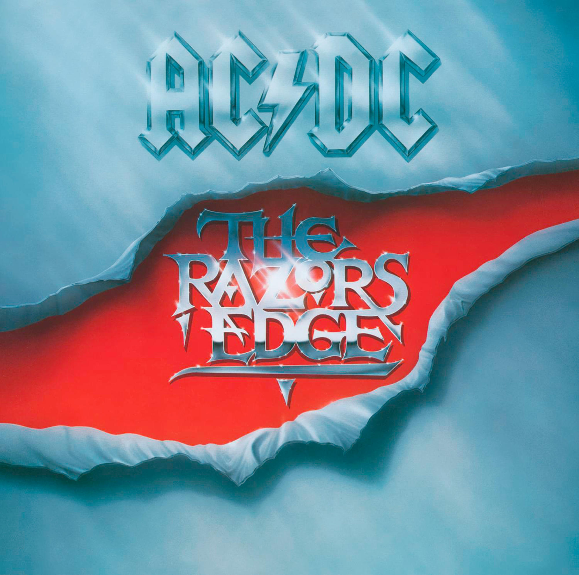 AC/DC-Albumcover. Titel: "The Razor's Edge". Zerrissenes Papier zeigt roten Hintergrund.