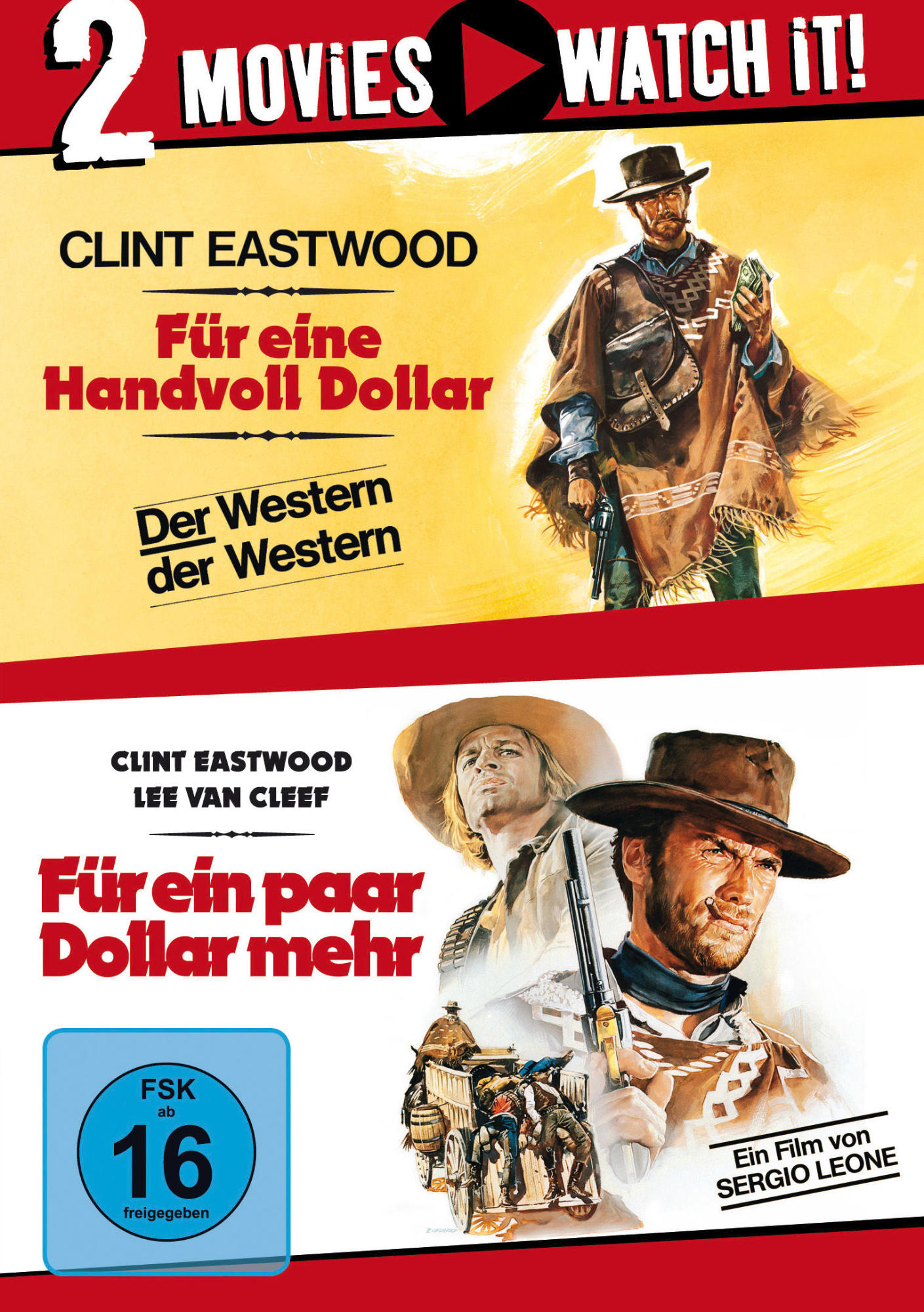 DVD-Cover: Zwei Clint Eastwood Filme. Poster für 'Für eine Handvoll Dollar' und 'Für ein paar Dollar mehr'.