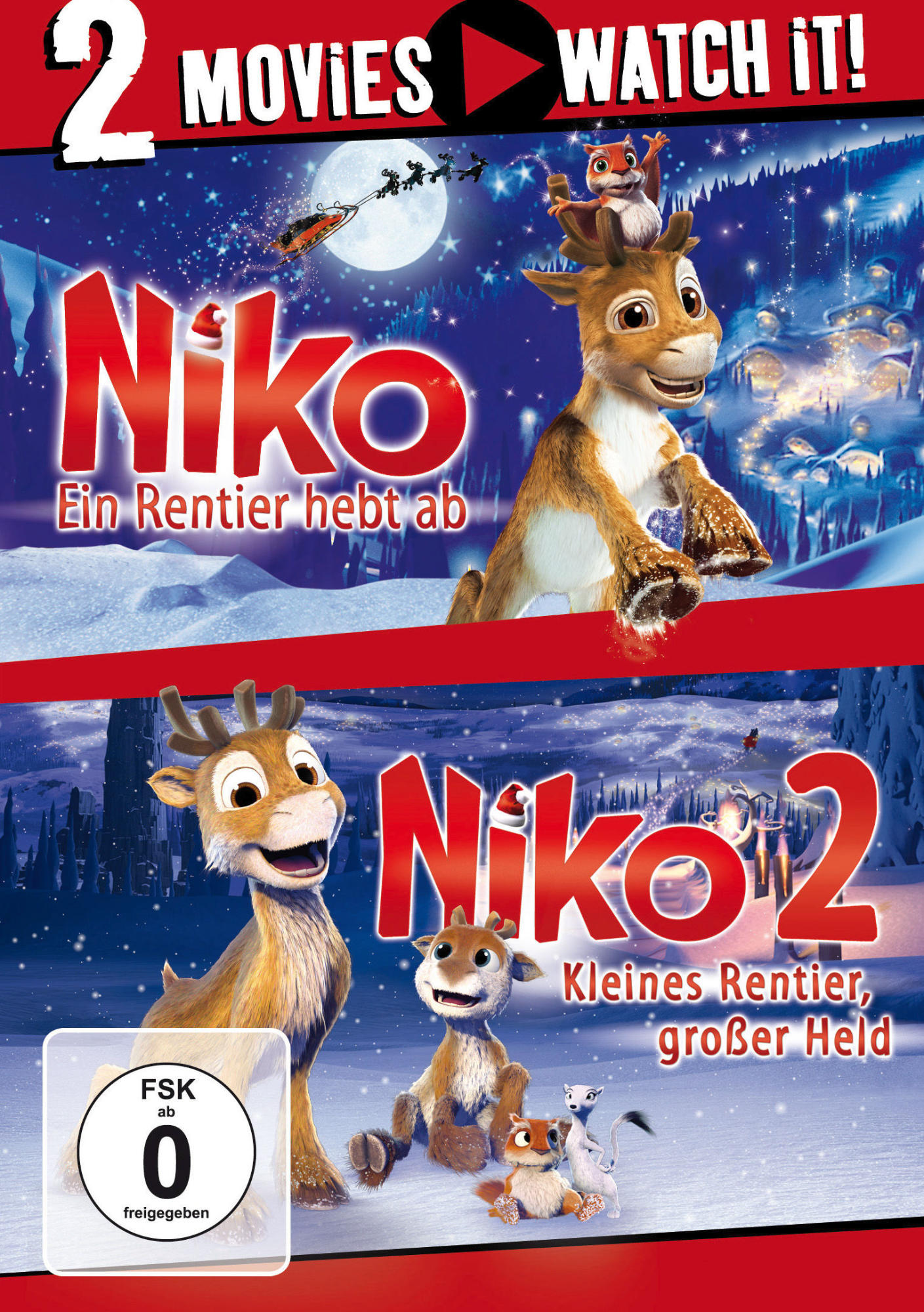 DVD-Cover mit Cartoon-Rentieren, Schneelandschaft und Text auf Deutsch.