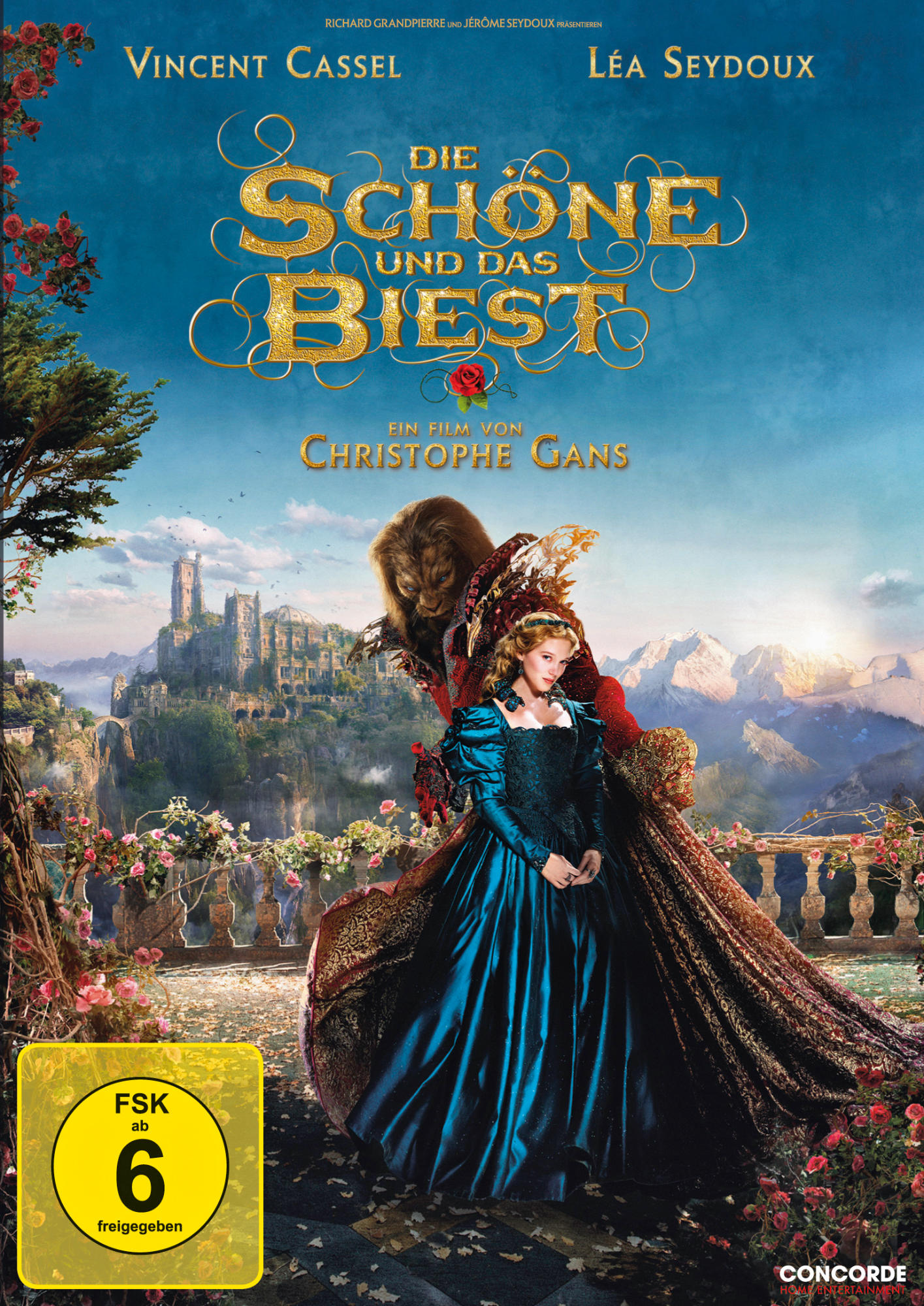 Filmcover: Die Schöne und das Biest, mit Charakteren, einem Schloss und blauem Himmel.
