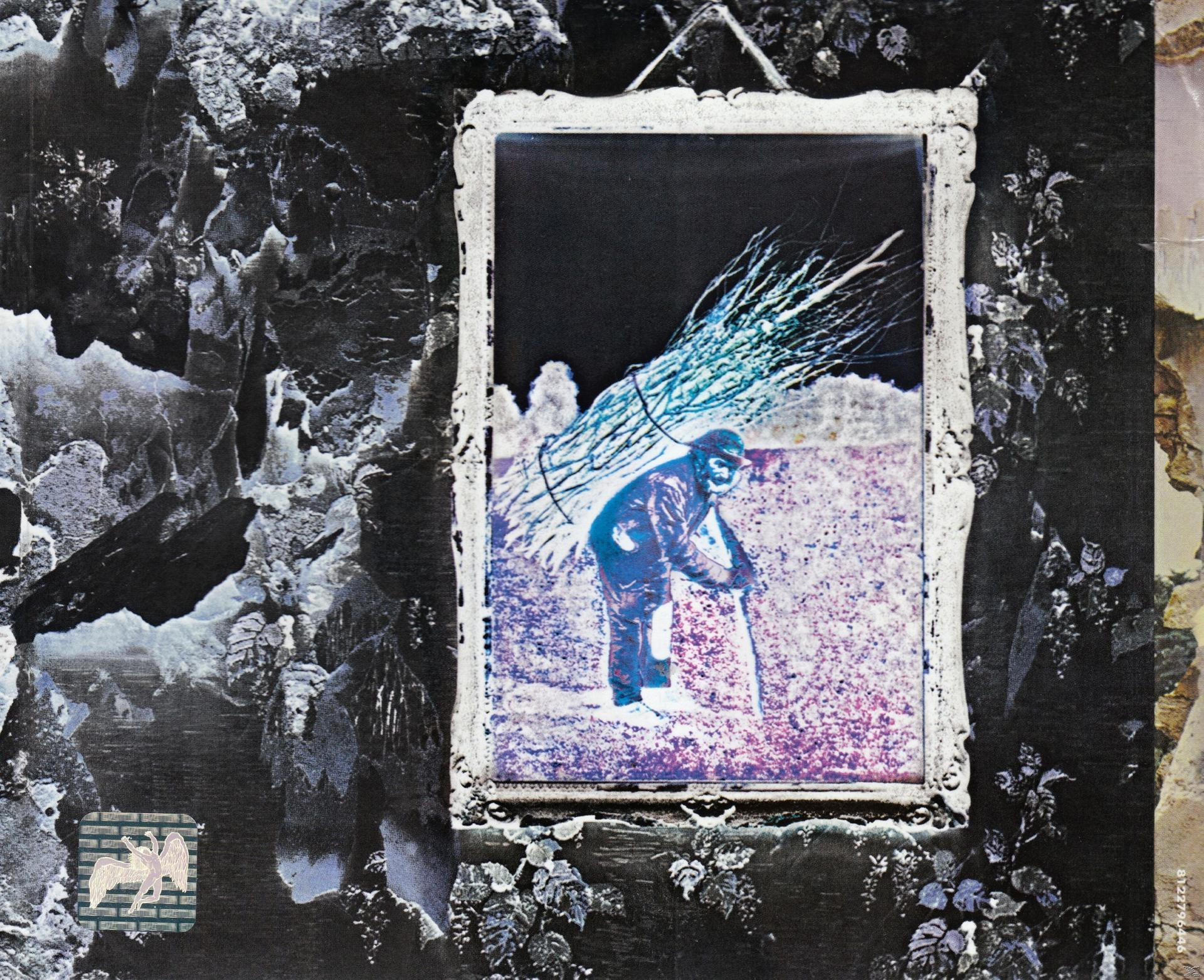 Led Zeppelin Albumcover. Ein Mann, der Stöcke in einem verschneiten Feld trägt, gerahmt in einem weißen, verzierten Rahmen.
