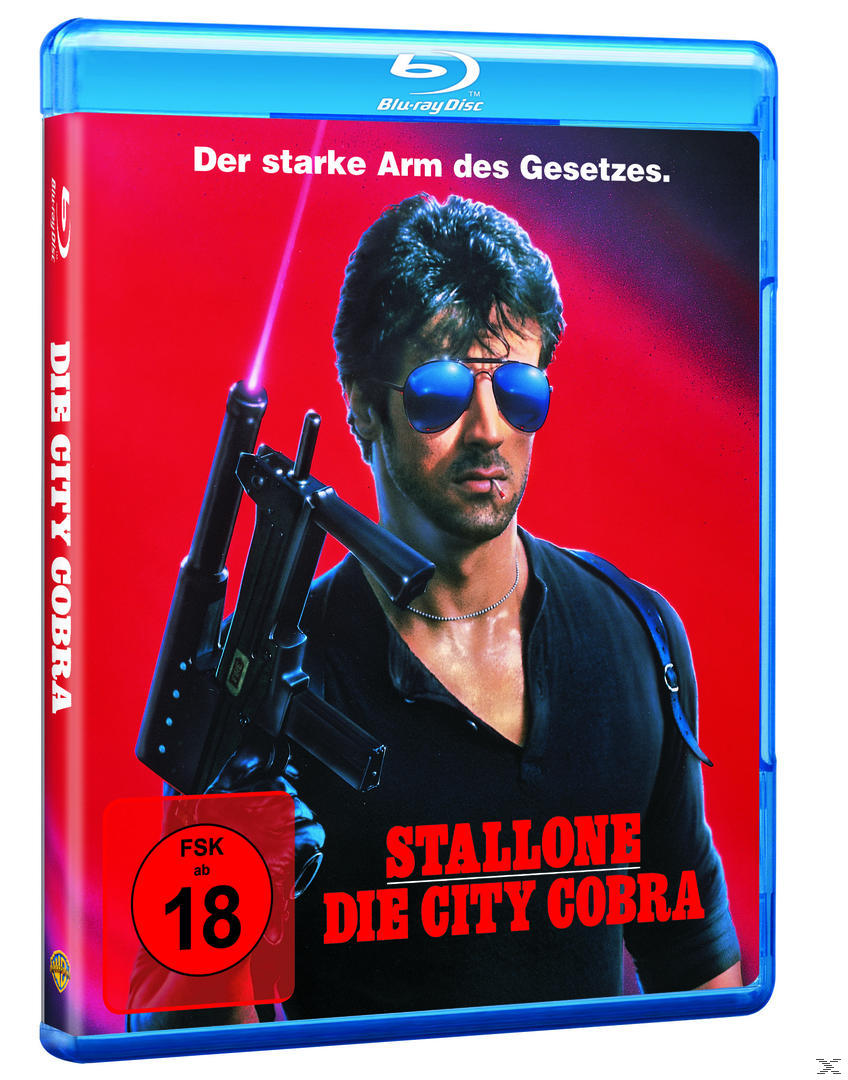 Blu-ray-Cover: Mann mit Sonnenbrille hält Waffen. Text: Die City Cobra, Stallone und Ratings-Label.