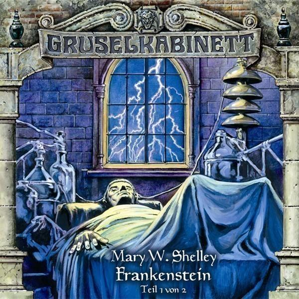 Buchcover mit einer Frankenstein-Illustration, Titel und Text im gotischen Stil.