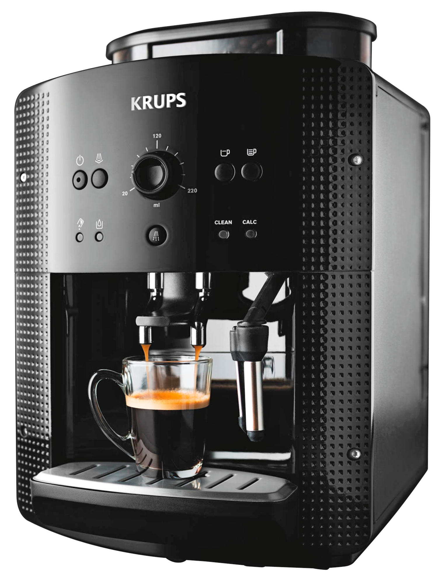 Schwarze KRUPS Kaffeemaschine mit einem Glas Kaffee.
