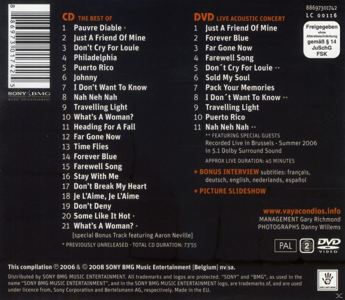 Pochette de CD avec liste des titres, incluant concert acoustique live et bonus interview.
