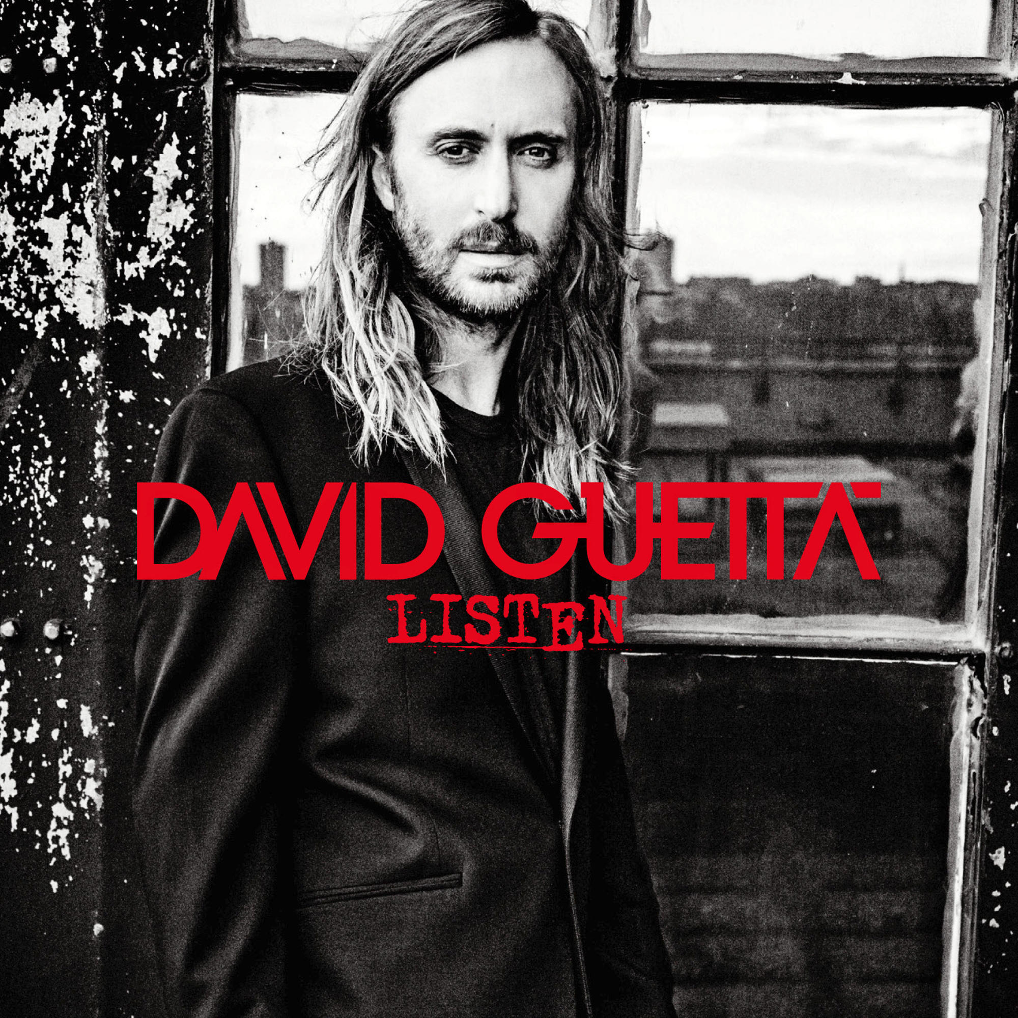 Albumcover mit dem Gesicht eines Mannes. Der Text 'David Guetta' und 'Listen' stehen in Rot darauf.