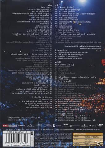 Rückseite einer CD mit deutschem Text, Titelliste und Logos. Enthält ein verschwommenes Konzertbild.