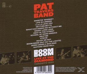 Albumcover mit Titelliste und Bandfotos. Text 'Pat Travers Band' und 'Boom Boom'.