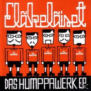 Albumcover: fünf Cartoon-Männer in orangefarbenen Hemden und schwarzen Shorts. Text: Eläkeläiset, Das Humppawerk EP.