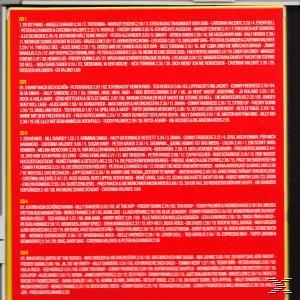 CD-Trackliste auf rotem Hintergrund. Text in Weiß. Gelber und schwarzer Rand.