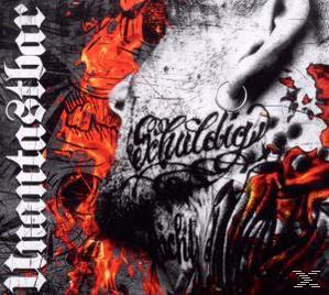 Albumcover: Tätowierte Brust und Gesicht. Rote und schwarze Farben, mit stilisiertem Text. Das Wort ist 'Schuldig'.
