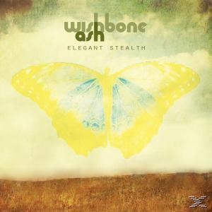 Albumcover: Wishbone Ash, 'Elegant Stealth'. Gelber Schmetterling mit blauem Detail, auf Wolkenhimmel.