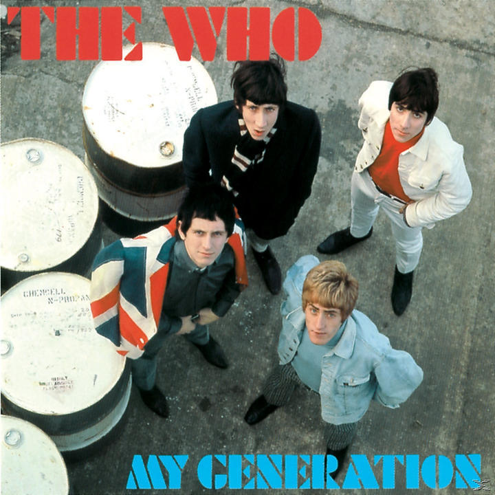 Albumcover: The Who, vier Bandmitglieder, posieren vor Fässern. My Generation Titel.