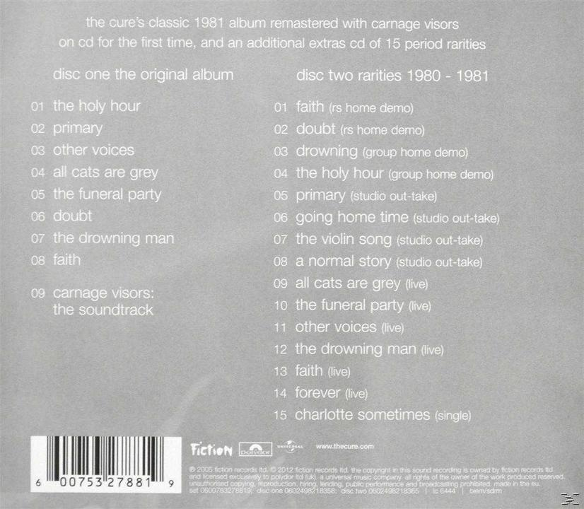 Albumrückseite mit Titelliste. Text: The Cure, The Holy Hour, etc. und Albumdetails. Schwarzer Hintergrund.