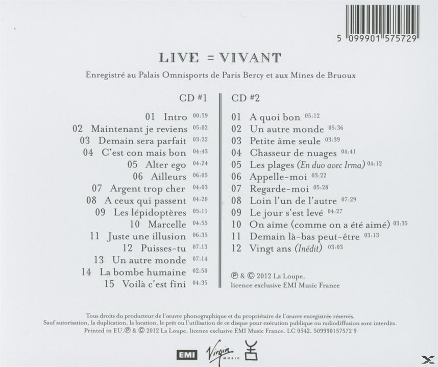CD-Rückseite mit Titellisten. Zwei Spalten mit Songtiteln. Text: Live=Vivant, EMI, Virgin und ein Barcode.