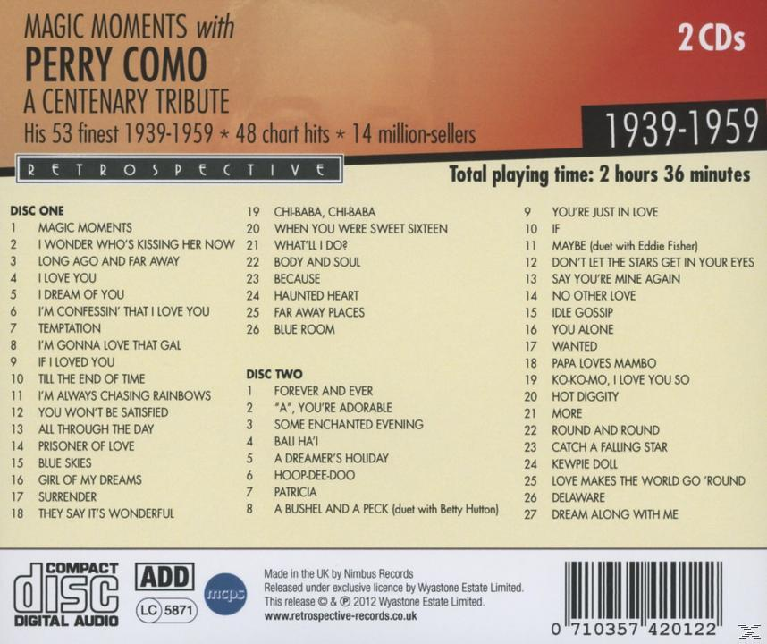 Albumcover für Perry Comos Tribut, mit Titellisten und einem Vintage-Foto des Künstlers.