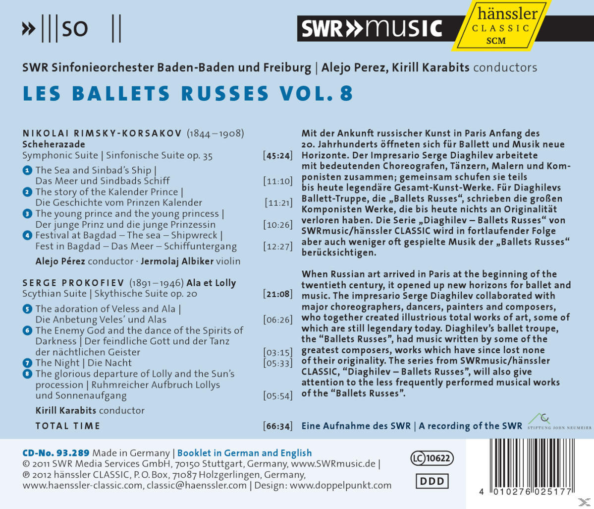 Albumcover mit Text. Eine Partitur und Text links und rechts, mit einer Titelliste in der Mitte.