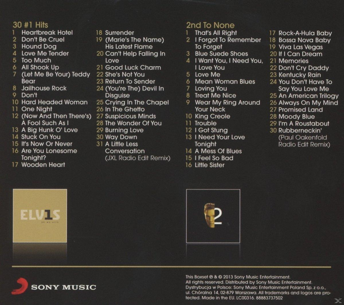 Ein CD-Cover mit Text in zwei Spalten. Der Titel lautet 30 #1 Hits und 2nd To None, mit einem Foto von Elvis.