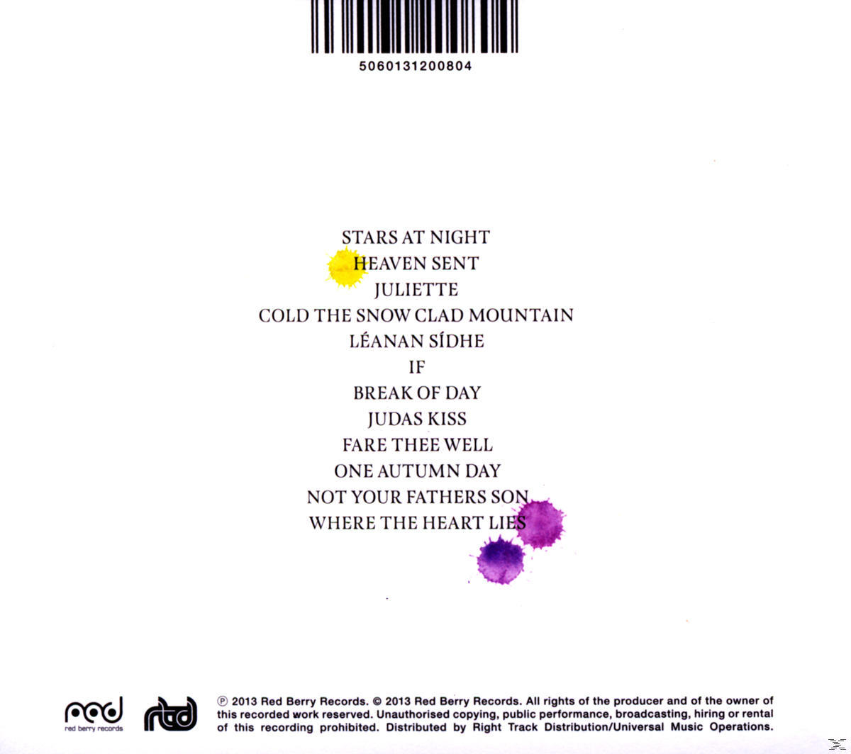 Album-Rückseite. Songtitel in Weiß auf weißem Grund mit Farbflecken.