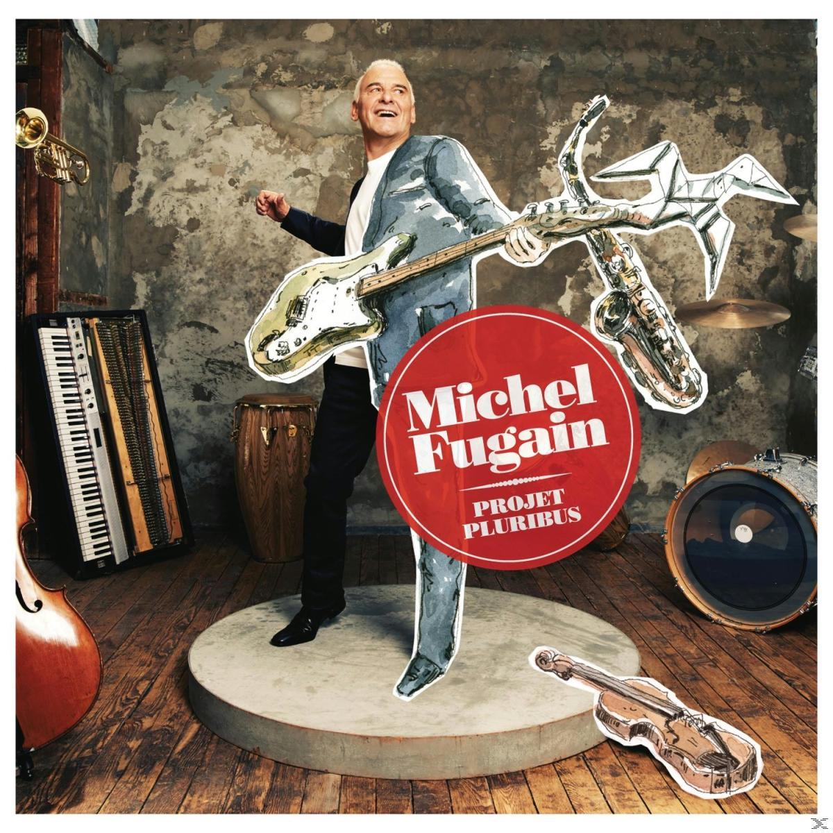 Homme tenant une guitare et un saxophone découpé, texte : Michel Fugain.