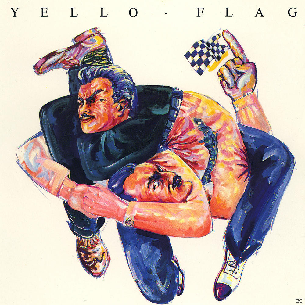 Albumcover: Yello, Flag. Zwei Männer in einem farbenfrohen, abstrakten Stil. Einer hält eine karierte Flagge.