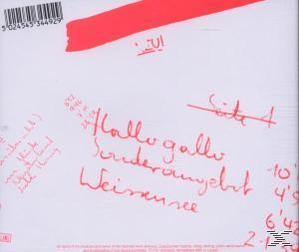 Weißer Hintergrund mit rotem handschriftlichem Text, darunter "Hallo gallo Sonderangebit" und Barcode oben.