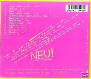 Albumcover, rosa Hintergrund, handschriftlicher Text und Titelliste. Enthält 'NEU!'-Text.