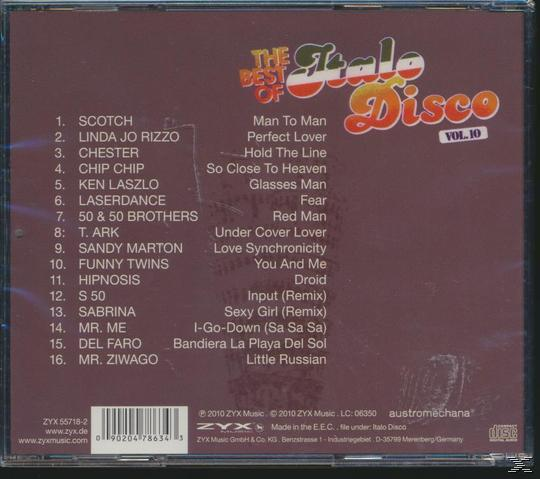 CD-Cover für 'The Best of Italo Disco Vol. 10', mit dunkelviolettem Hintergrund und Titelliste.