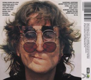 John Lennon mit seltsamer Brille, Trackliste links, Albumtitel rechts.