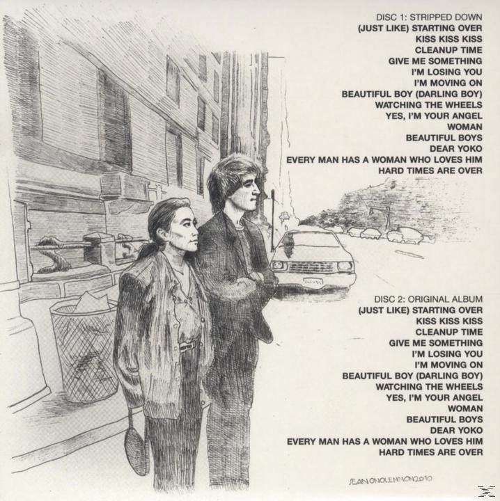 Albumcover. Zwei Personen auf einer Stadtstraße, mit Skizzen der Titellisten.