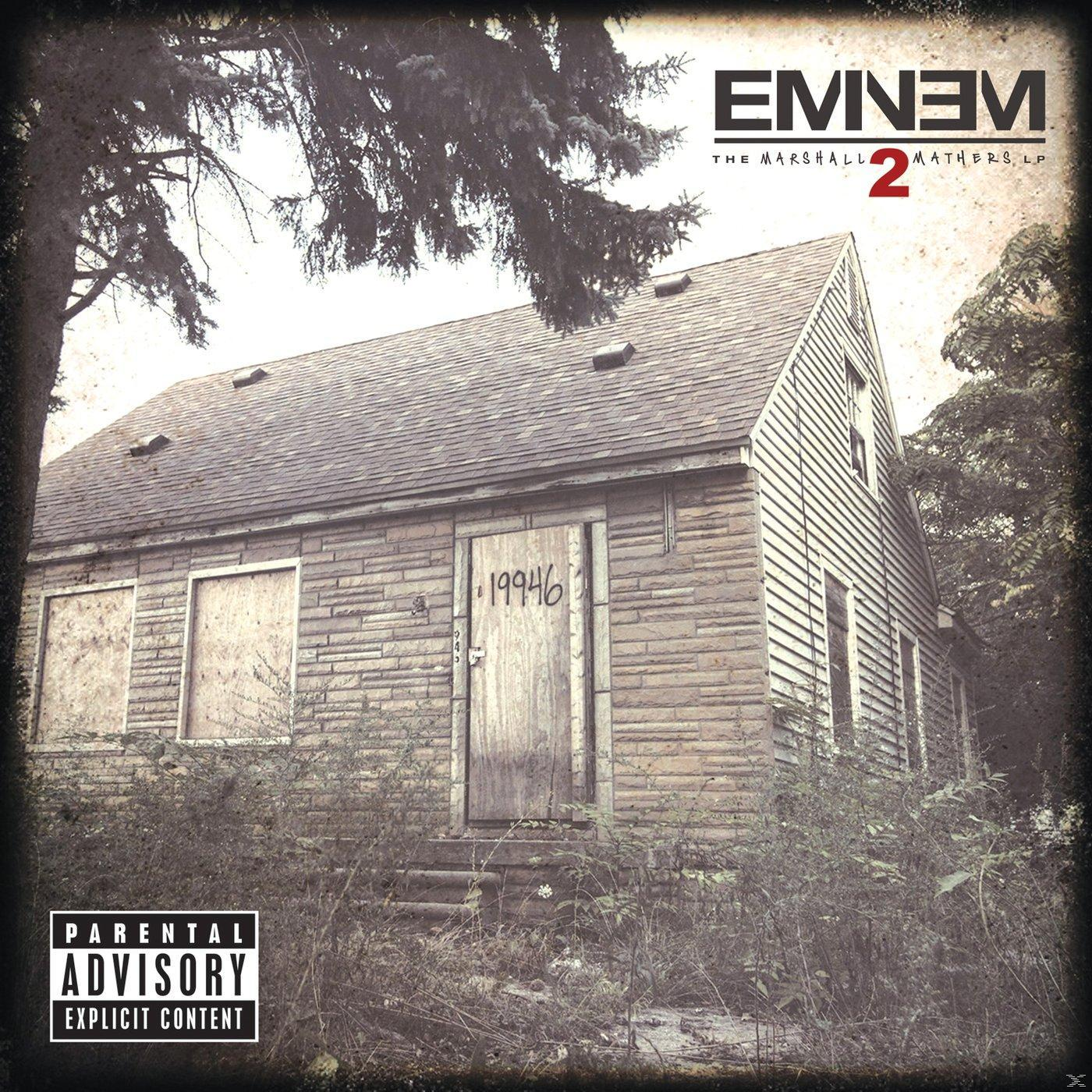 Albumcover: ein Haus mit zugemauerten Fenstern. Text: Eminem, The Marshall Mathers LP2. Warnhinweis.