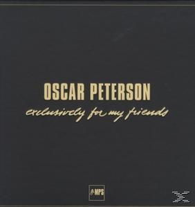 Schwarzes Albumcover mit goldenem Text: Oscar Peterson, exklusiv für meine Freunde. Schwarzer Hintergrund.